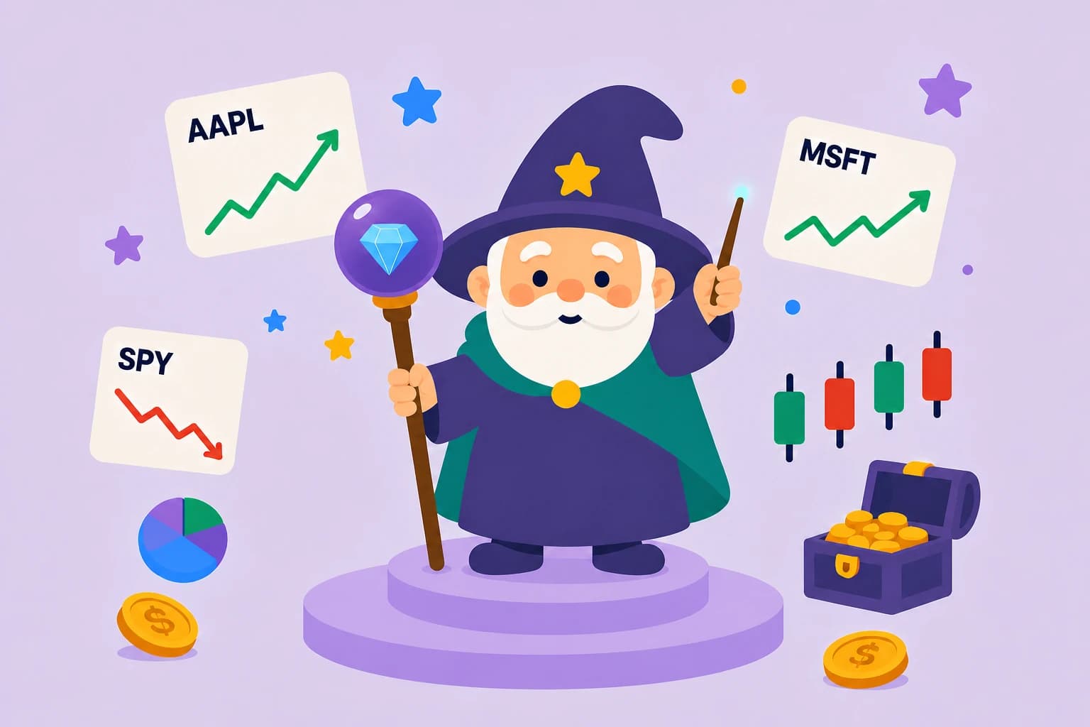 Merlin, the ForProphet market wizard, standing on a centered platform with his orb staff and investing symbols